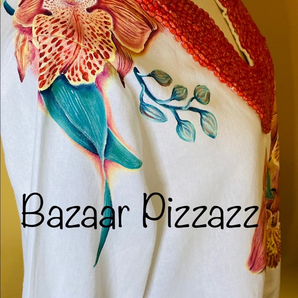 NEW Hand Painted Orchids on Linen Tunic Beaded Neck Long Sleeves Elastic Cuffs - Picture 4 of 4